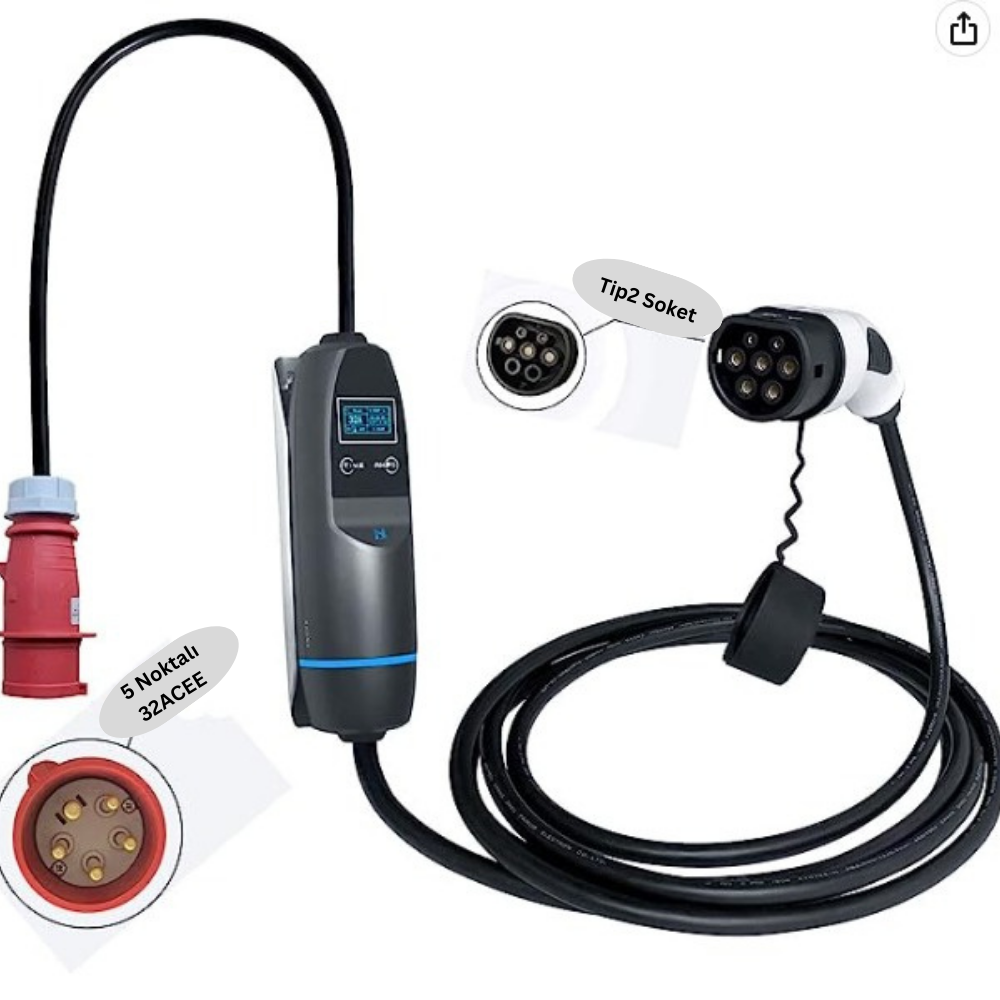 Khons Akıllı 5m Kablolu Taşınabilir  Elektrikli Araç Şarj İstasyonu/Cihazı  3Faz, 32A , 22KW